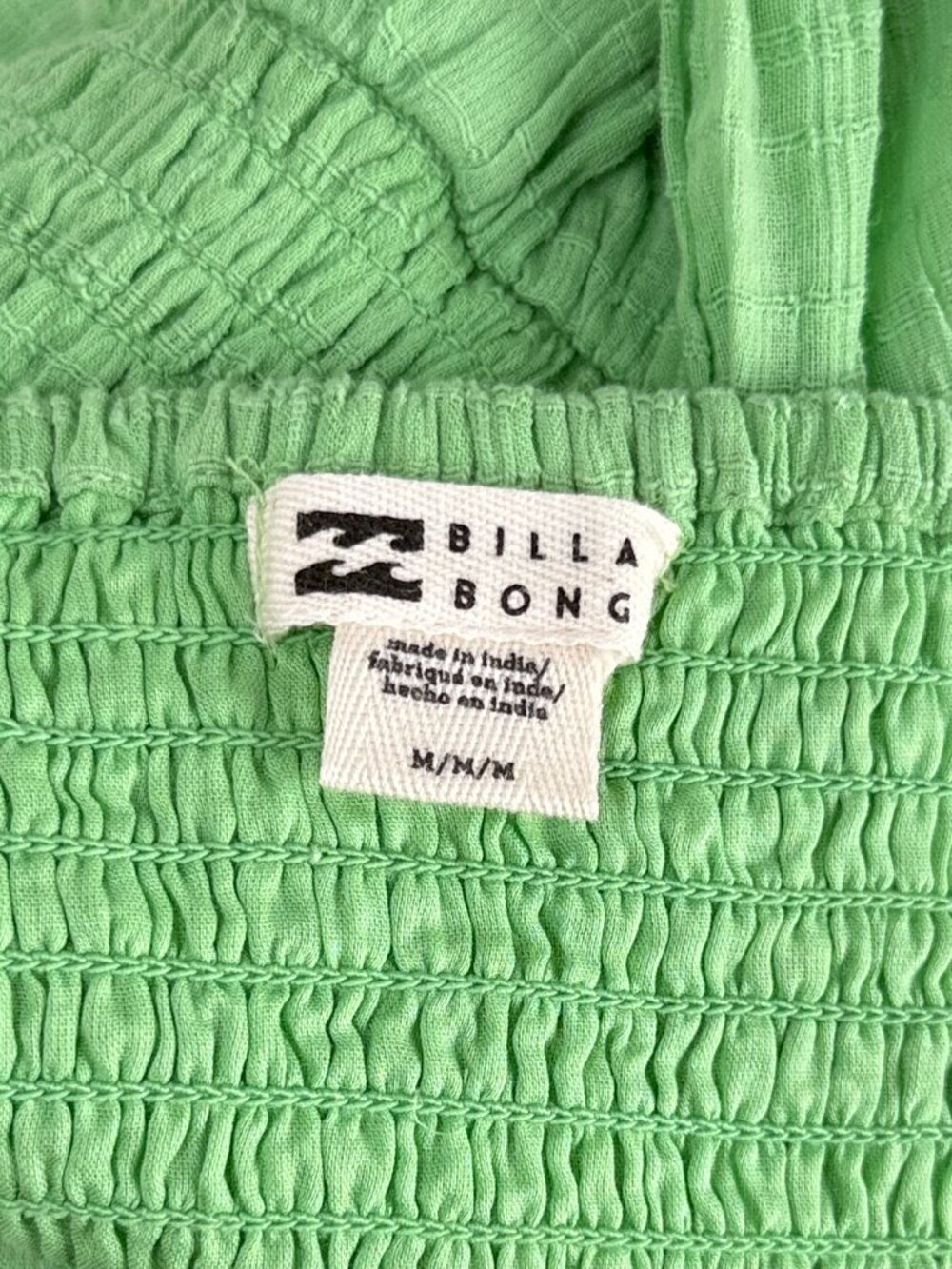 Billabong Green Puff Sleeve Smocked Keyhole Mini Dress Womens Size M Cotton - Picture 6 of 6